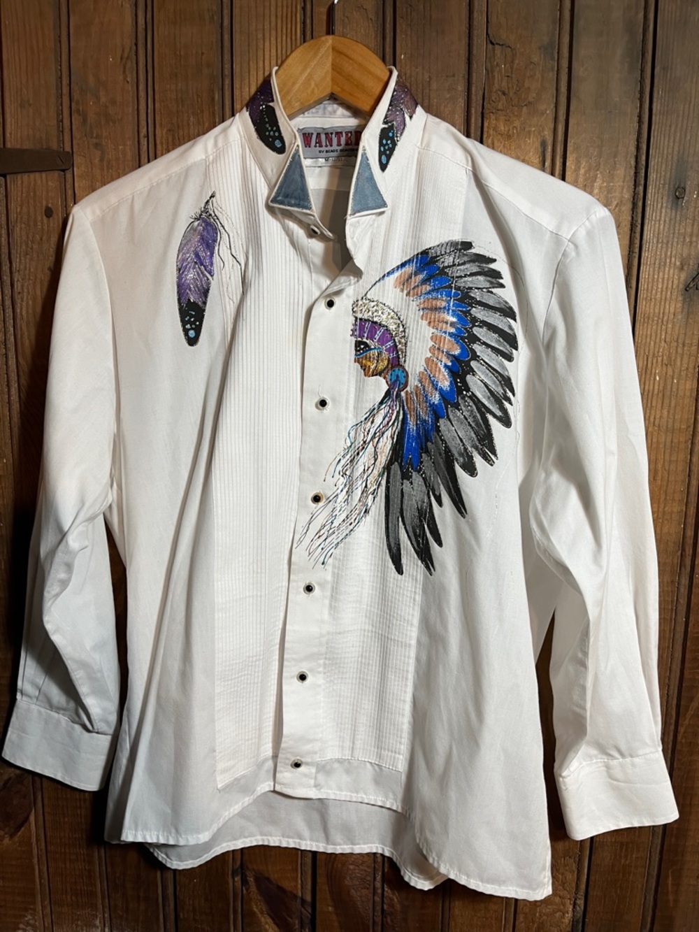Wanted White Shirt with Custom Painted Colorful Feather & Headdress